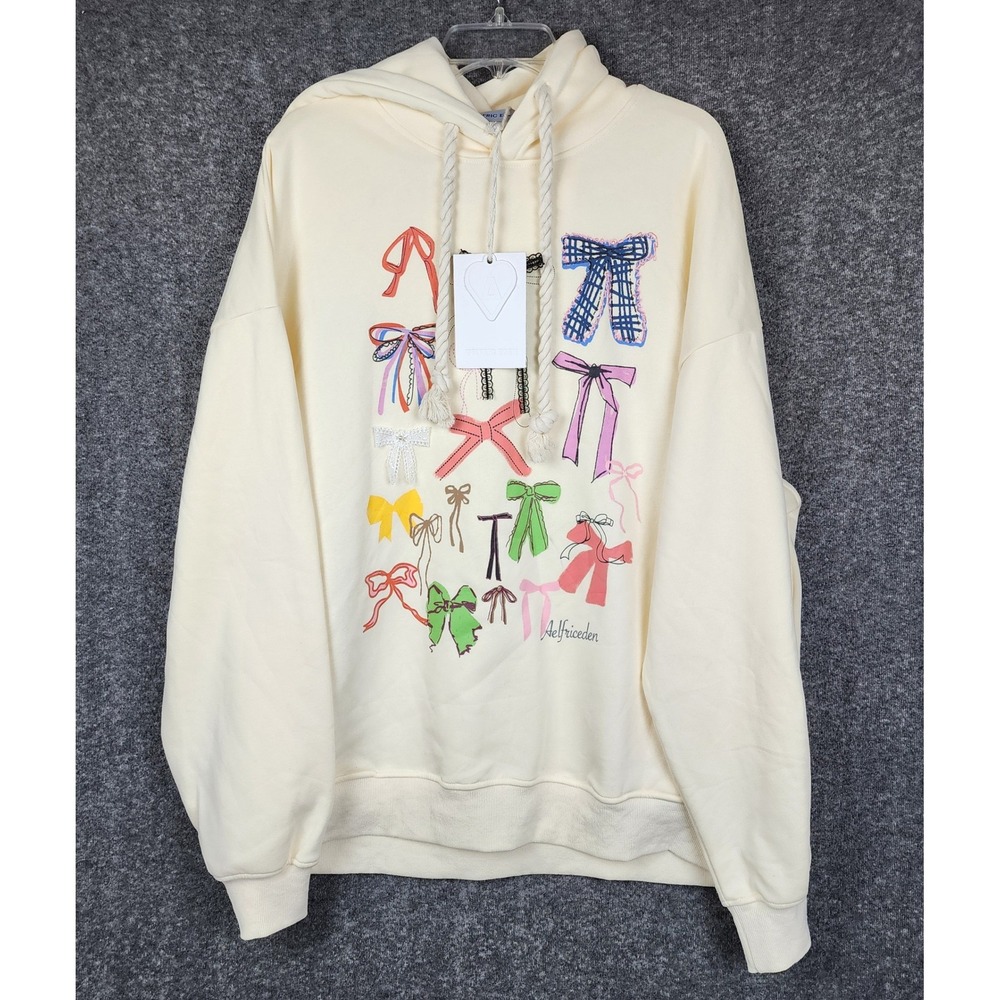Aelfric Eden Hoodie Women Large Cream Bow Graphic Lace Applique Coquette NEW